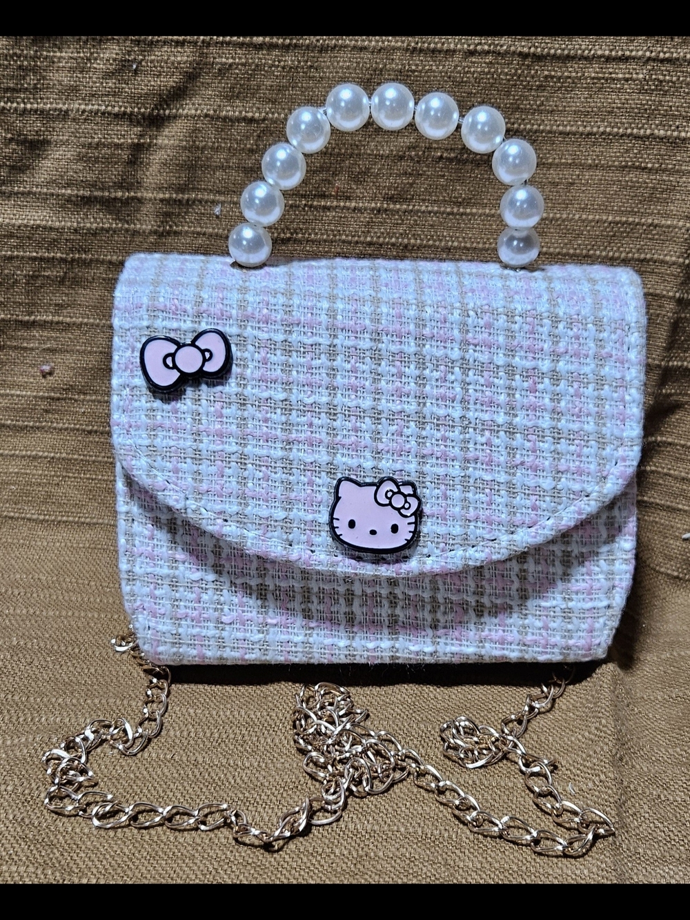 Hello Kitty Pink Tweed Mini Crossbody Bag with Pearl Handle